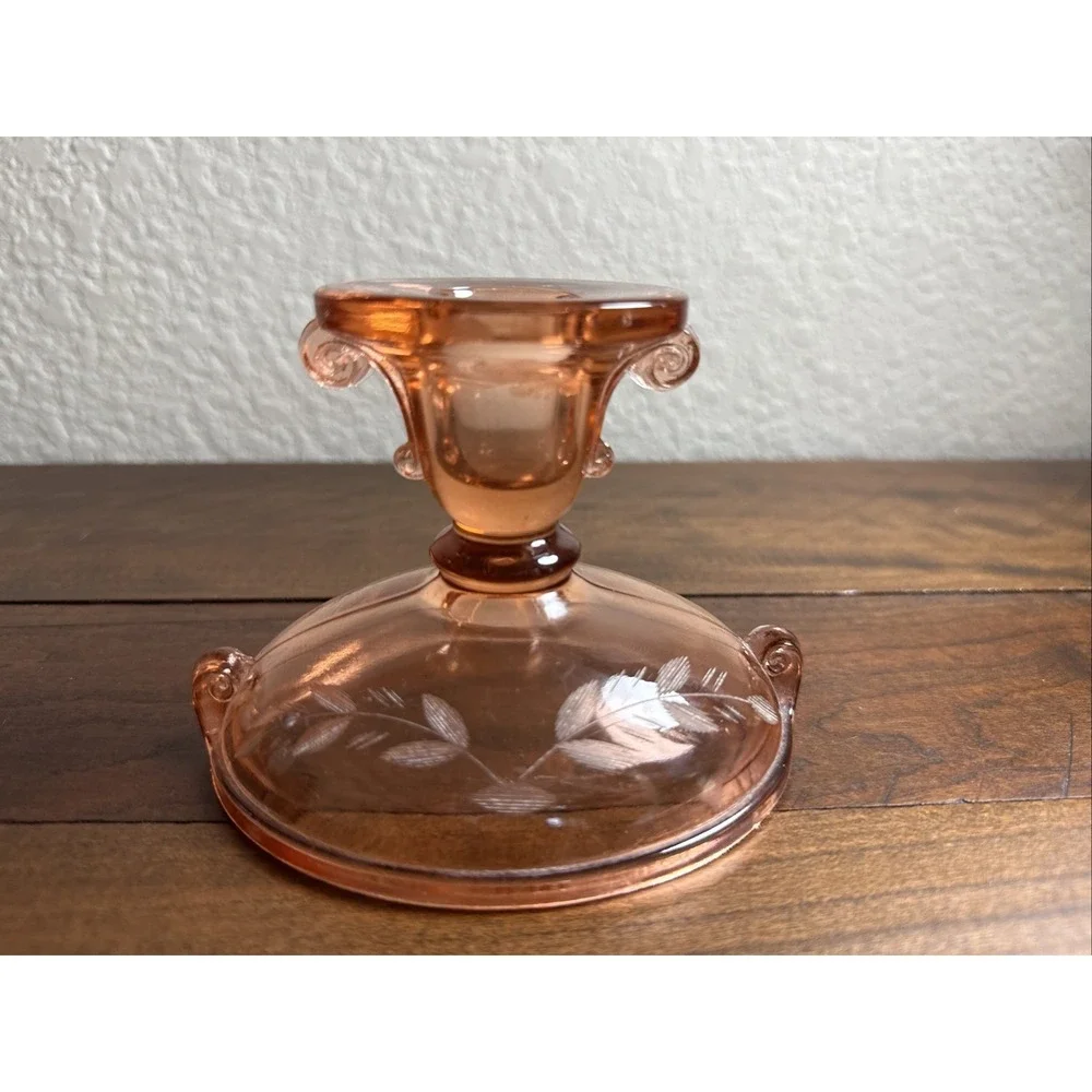 Vintage 1920s imperial glass double scroll rose pink candlestick cut floral...